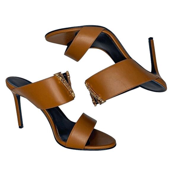 Versace Virtus Brown Leather Mules Heels Gold V Logo EU 39.5 Made in Italy - Picture 5 of 12